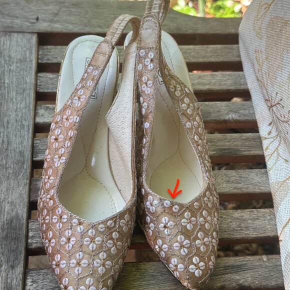 Sz 6 Hand-dyed Ecru Ballet Satin Flower Sequinned Sling-back 3" Heels - Picture 13 of 13